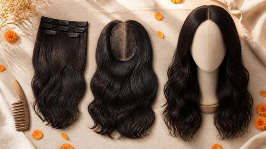 Clip-in volumizer, silk-base topper and human hair wig in natural black Indian hair